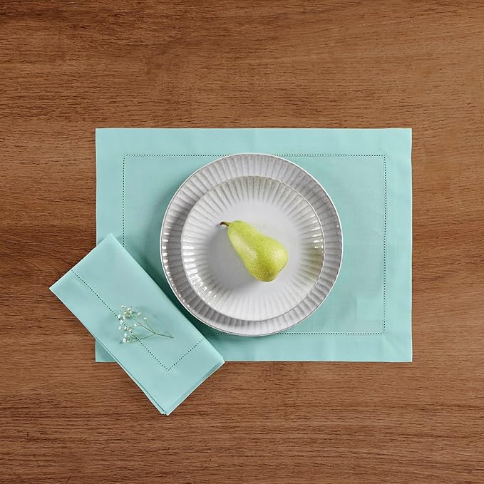 Solino Home Cotton Linen Napkins Set of 4 - Hemstitch Pastel Turquoise Dinner Napkins Cloth 20 x 20 Inch for Spring, Summer, Mothers Day - Handcrafted and Machine Washable