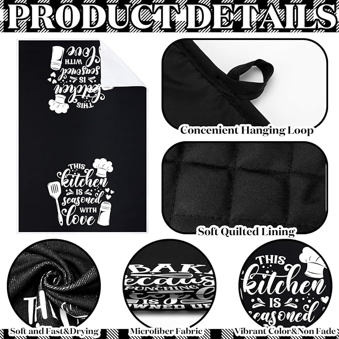 Sratte 6 Pcs Kitchen Decor Accessories Set Farmhouse Towels Pot Holders Oven Mitts Set 2 Dish Towels 2 Potholders 2 Cooking Mittens Oven Glove for Christmas Baking Cooking Supply(Black,Baking)