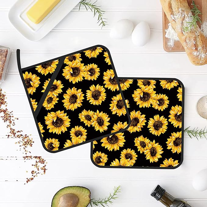 Sunflower Floral Pot Holders Set of 2 Kitchen Heat Resistant Potholder for Microwave Cooking Baking Oven End Dishes and BBQ