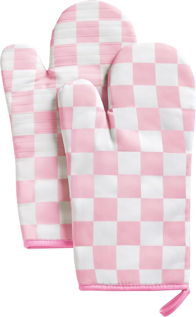 Ohocut Pink Checkered Oven Mitts Heat Resistant, Vintage Retro Checkerboard Cute Oven Mitts, Non-Slip Silicone Kitchen Gloves 1 Pair 7''x13''