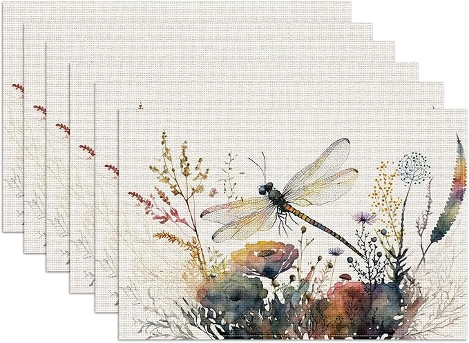 Watercolor Dragonfly Floral Placemats Set of 6,12x18 Inch Linen Place Mat Washable Stain Resistant Table Mats for Spring Summer Seasonal Farmhouse Kitchen Party Home Decor