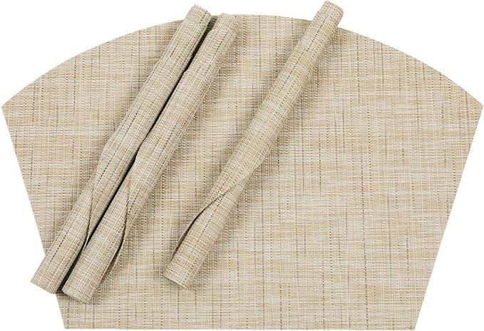 SHACOS Round Table Placemats Wedge Shaped Placemat Set of 4 Non Slip Heat Resistant Woven Vinyl Table Mats Wipe Clean Indoor Outdoor (4, Beige Yellow)