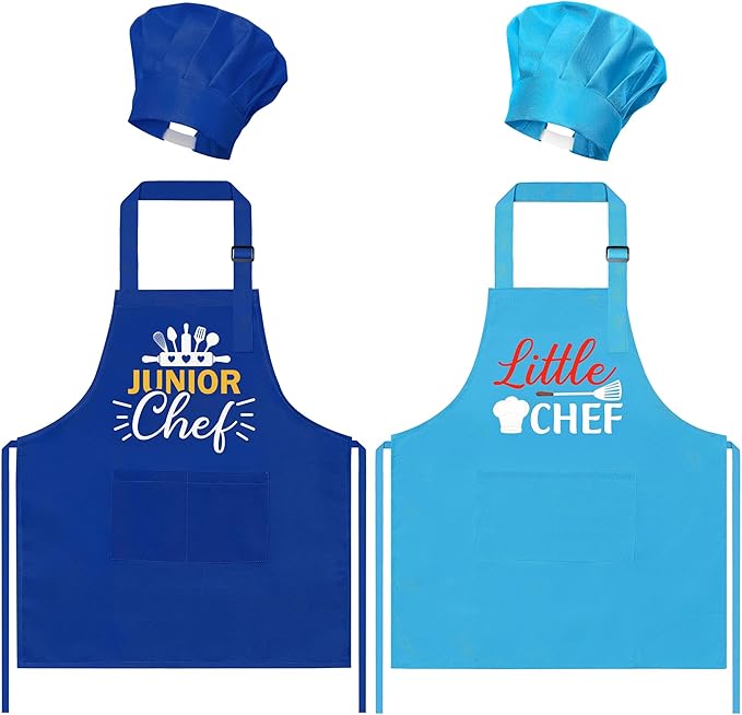 GROBRO7 4Pcs Kids Apron and Chef Hat Set Gift for Girls Boys Junior and Little Chef Identity Adjustable Kitchen Child Aprons with 2 Pockets Waterproof Smocks Hats for Baking Cooking Painting Training