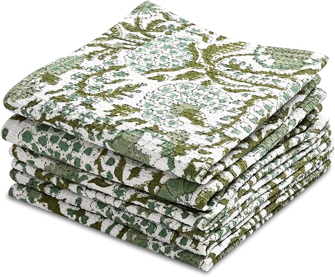 CPC Agate Green Hand Block Printed Cotton Waffle Dish Cloth Set of 12-12x12 Inch Super Absorbent, Soft, Reusable Kitchen Towels for Dish Drying & Cleaning Ideal for Spring, Mother's Day