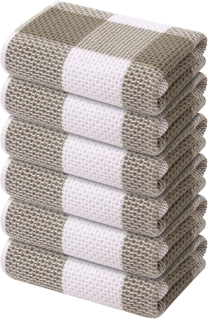 Mordimy 100% Cotton Waffle Weave Kitchen Towels, 13 x 28 Inches, Super Soft and Absorbent Buffalo Check Dish Towels for Drying Dishes, 6-Pack, Khaki & White