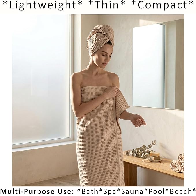 PÜSKÜL Natural 100% Turkish Cotton Waffle Bath Towels Set of 2-Piece | 32x63 inch Extra Large Absorbent Quick-Dry Lightweight Spa Towel | Luxury Sauna Accessories (Beige Bath Towels - Pack of 2)