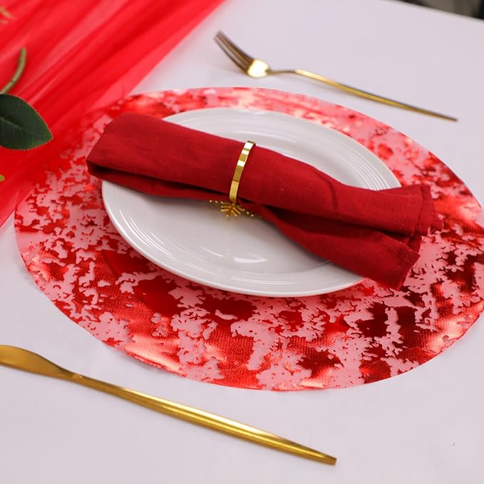 Snowkingdom 24 Pcs Red Placemats, 13 Inch Round Disposable Table Mats with Metallic Foil Mesh Glitter Design, Elegant Party Supplies for Valentine’s Day, Christmas, Wedding, Birthday Dinner Decor