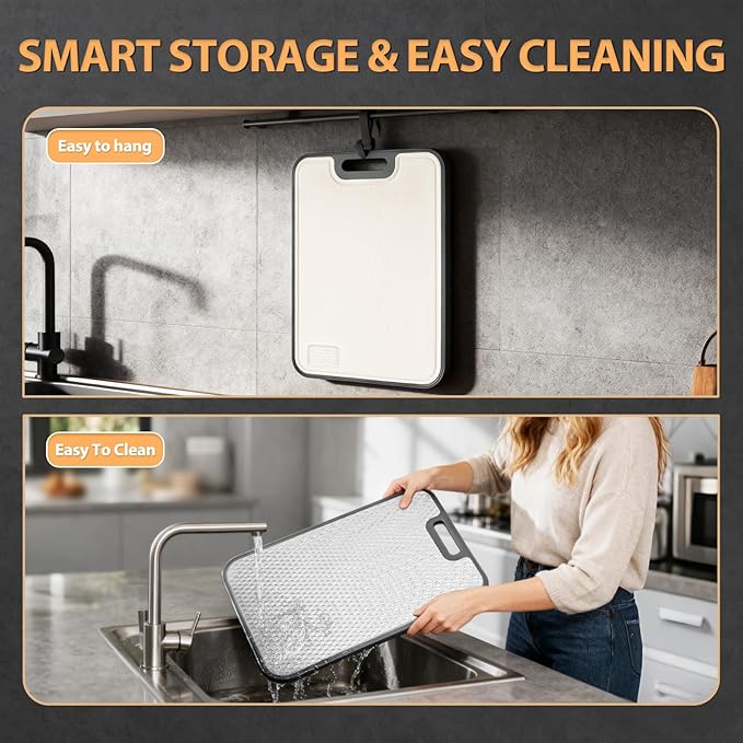 18/8 Stainless Steel Cutting Board, Large Double Sided Chopping Board for Kitchen (17x12"), Food-Grade 304 & Wheat Straw PP, Deep Juice Grooves, Non-Slip & Dishwasher Safe