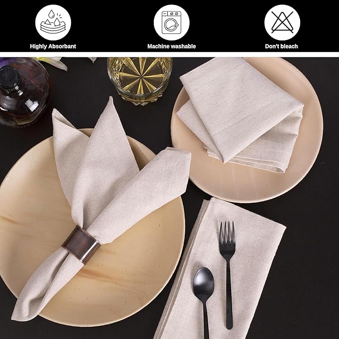 Linen Flax Cotton Cloth Dinner Napkins Set of 12 – 18x18 Natural Hemstitched Reusable Fabric Napkins for Weddings, Parties, Dinners & Table Décor – Elegant & Durable HOMIDATE
