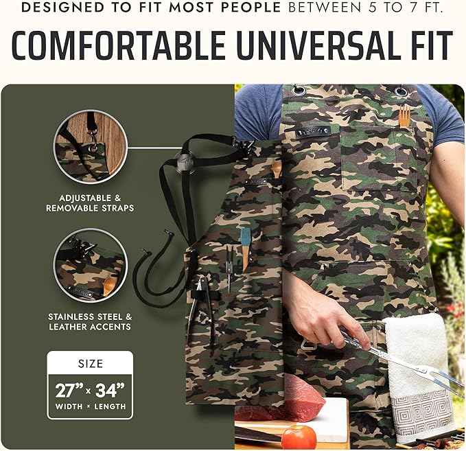 Asaya Chef and BBQ Apron with Bottle Opener and Hand Towel - 10oz Cotton Canvas, Stainless Steel Hardware - Cross Back Straps