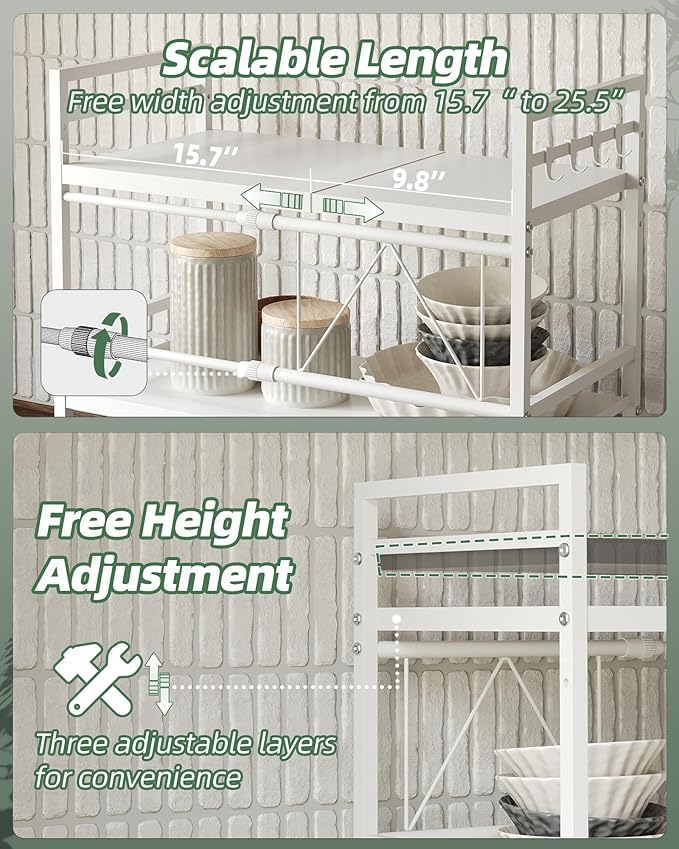 NETEL Expandable Microwave Stand,3 Tier Metal Kitchen Countertop Organizer Shelves with Paper Towel Holder and Baskets,Microwave Shelf,Microwave Oven Rack,110lbs Weight Capacity,White
