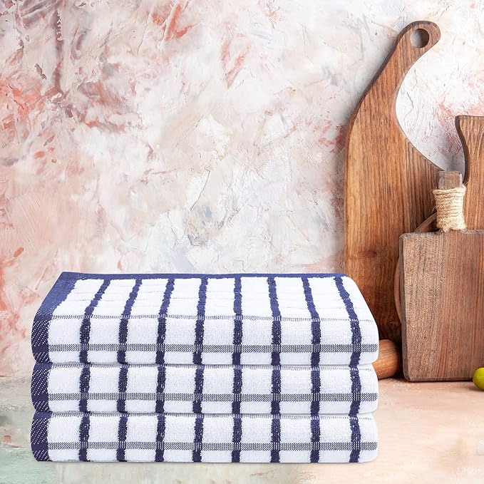 Urban Villa Kitchen Towels Blue/White Set of 3 Terry Kitchen Towels 100% Cotton Ultra Soft Size 20X30 Inches Highly Absorbent Over Sized KitchenTowels with Hanging Loop KitchenTowels