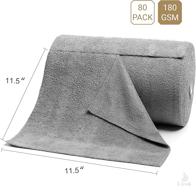 LIVOS Microfiber Cleaning Cloth Roll - 80 Pack, Reusable Paper Towels Grey Tear Away, Microfiber Towels for Cars, Super Absorbent Lint Free Cleaning Rags for House, Kitchen, Window-11.5"x11.5"