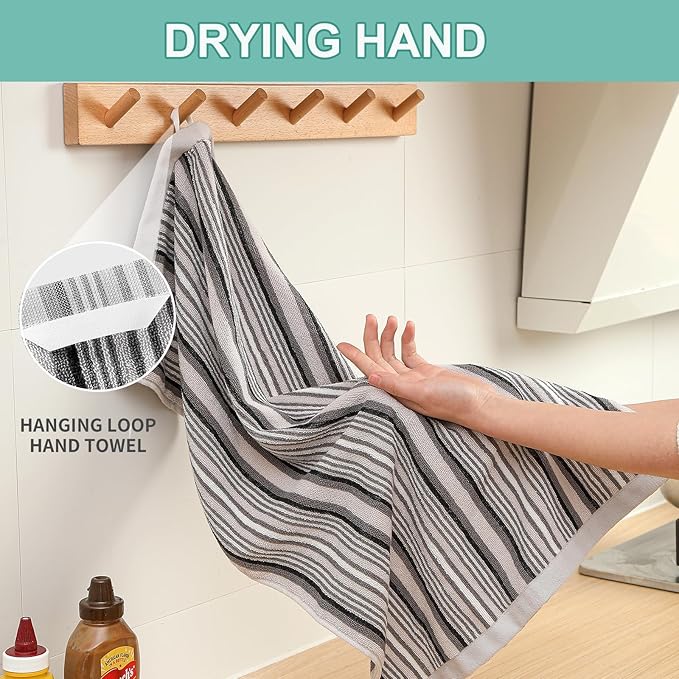 SALAS Premium Kitchen Dish Towels for Drying Dishes, Large Cotton Kitchen Towels, Stripped Terry Dish Cloths, Thick Highly Absorbent Towel Sets with Hanging Loop, 16" X 26", 6 Packs Grey
