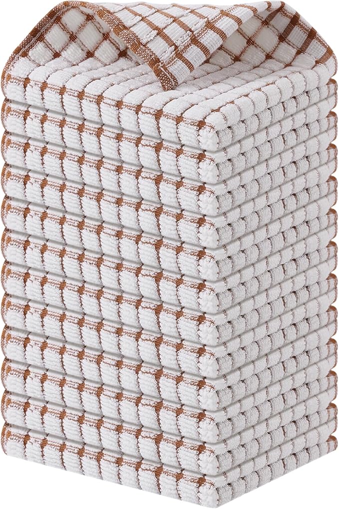 Kitinjoy Cotton 12 Pack Terry Kitchen Dish Cloths, 12 x 12 Inches Super Soft and Absorbent Dish Rags, Quick Drying Dish Towels for Washing Dishes, Brown