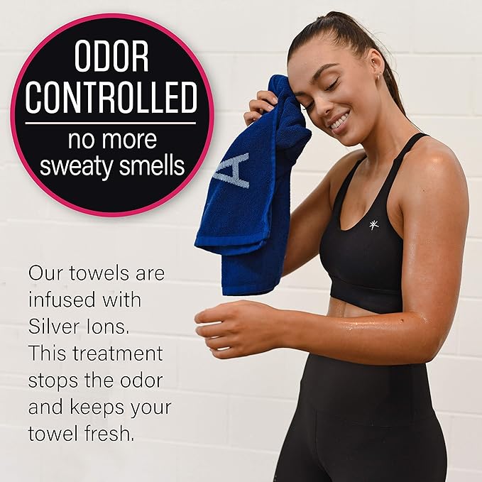 Blue Organic Cotton Gym Towel for Men and Women - Silver Infused Sweat Towels for Gym, 500 GSM, 31.5"x15.75" - Soft Absorbent Workout Towels for Yoga and Sports, Exercise Towel