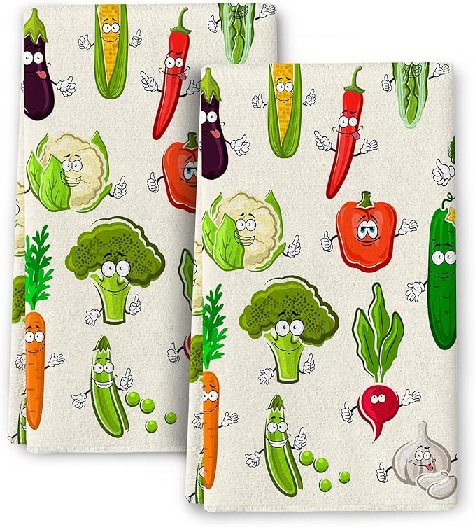 Funny Vegetables Kitchen Towels Decorative Set of 2, Soft Absorbent Cute Botanic Dish Towels Hand Towels for Kitchen Farmhouse Holiday Home Decorations