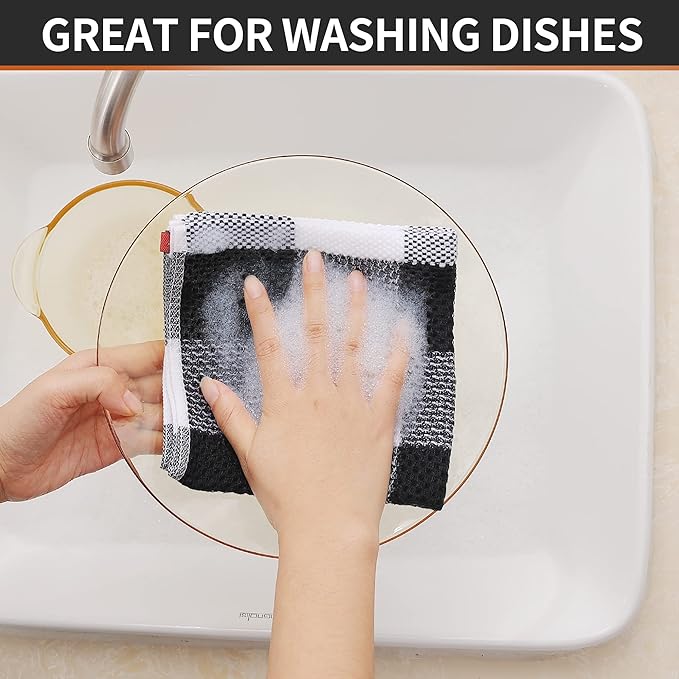 Homaxy 100% Cotton Waffle Weave Check Plaid Dish Cloths, 12 x 12 Inches, Super Soft and Absorbent Dish Towels Quick Drying Dish Rags, 8-Pack, White & Black