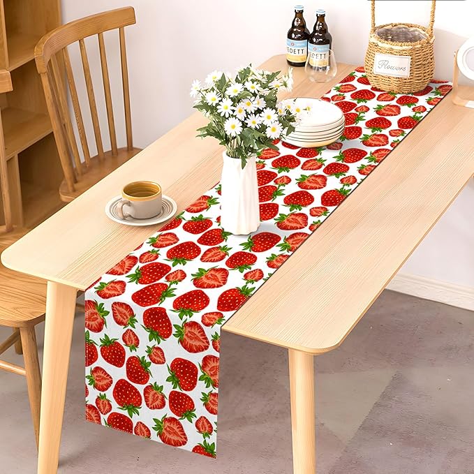 Pudodo Strawberry Table Runner Spring Summer Fruit Strawberry Themed Birthday Baby Shower Party Kitchen Dining Home Decoration (13" x 90")