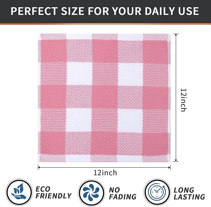 Mordimy 100% Cotton Waffle Weave Plaid Dish Cloths, 12 x 12 Inches, Super Soft and Absorbent Quick Drying Buffalo Check Dish Rags for Kitchen, 6-Pack, Pink