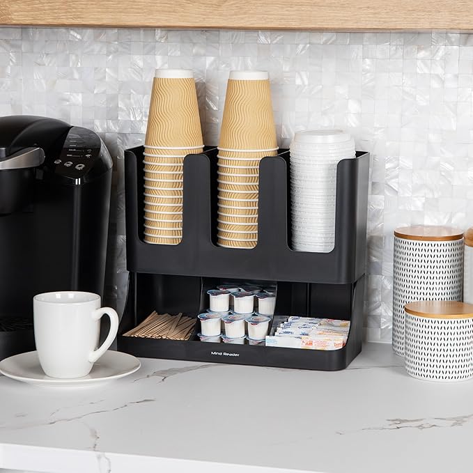 Mind Reader Cup and Condiment Station, 13 Inch Countertop Coffee Bar Organizer with 6 Compartments, Storage Caddy for Cups, Lids and Packets, Plastic, Black