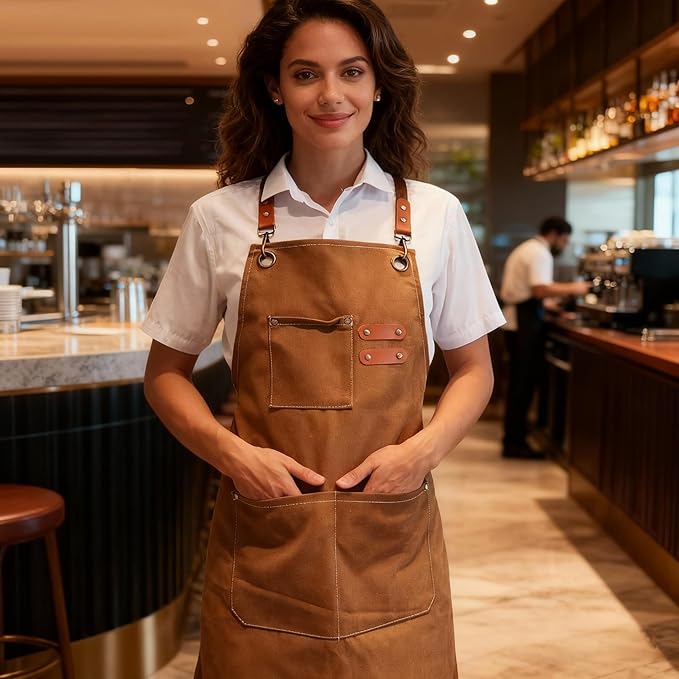 Chef Apron with Large Pockets for Women Men, Cotton Canvas Cross Back Water Repellent Adjustable Work Apron