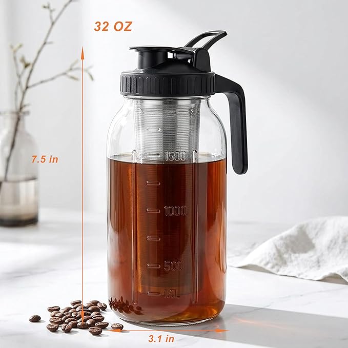 Cold Brew Coffee Maker 32 Oz Wide Mouth Mason Jar Pitcher With stainless steel Filter 1 Quart Airtight & Leak-Proof cold brew pitcher with pour spout lid and handle For iced Coffee Tea and lemonade