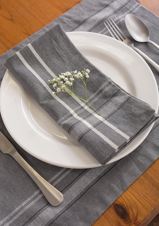 DII French Stripe Tabletop Collection Farmhouse Style Dining Table Linen Napkin Set, 20x20, Gray Chambray, 6 Piece