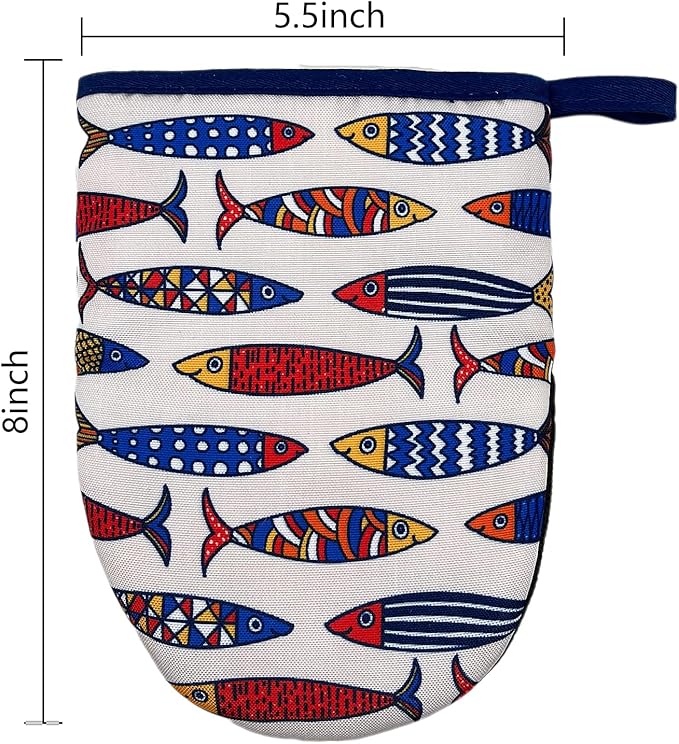 Linen Fish Mini Silicone Oven Mitts 2-Pack Set, Heat Slip Resistant Kitchen Gloves, Soft Short Oven Mittens for Safe Cooking Baking Grilling