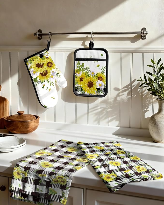 Miss Adola 270 GSM Cotton Kitchen Towels, Oven Mitt and Pot Holder - 4 Pack Kitchen Decor and Accessories Set Cute Farmhouse Boho Quilted Lining Heat Resistant Set with Hanging Loop, Plaid Sunflower
