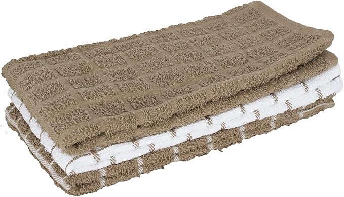 Ritz Terry Check Kitchen Towels: Highly Absorbent & Super Soft, 25" x 15" - 100% Cotton, Durable Kitchen Cleaning Cloths for Wiping Tables and Counters, 3-Pack, Mocha