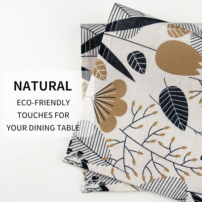 QIYI Boho Placemats Set of 4, 12x18 Inch Linen Fabric Place Mats for Kitchen Dinning, Farmhouse Rustic Graphic Leaves Cloth Table Mats, Brown Washable Placemat Party Table Décor, Botanical Line Art