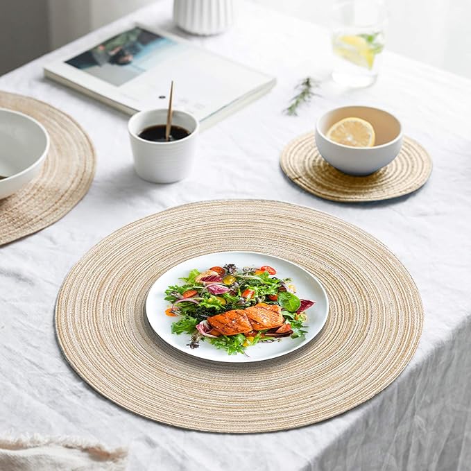 15 Inch Round Placemats Set of 6 Heat-Resistant Stain Resistant Anti-Skid Washable Polyproplene and Cotton Table Mats Placemats (Beige, 6)