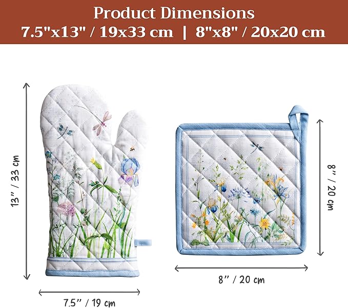 Maison d' Hermine 100% Cotton Oven Mitt & Pot Holder Set (7.5"x13" & 8"x8") Heat Resistant BBQ Cooking Gloves with Loop Baking Grilling Kitchen Gifts for Mothers Day Spring/Summer (Fleurs De Mai)
