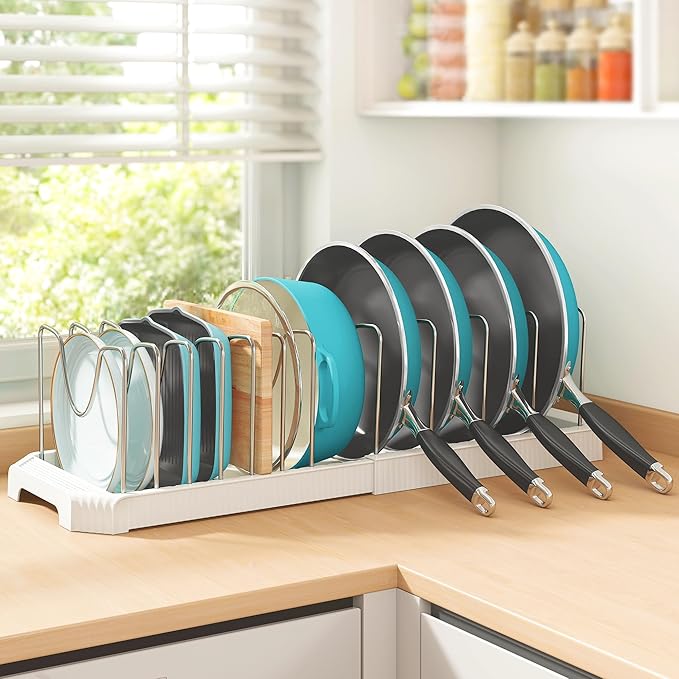 Pots and Pans Organizer for under Cabinet, Pan Pot Organizers inside Cabinet, Expandable Organizer with 12 Adjustable Dividers for Cookie Sheets, Cutting Boards, Pot Lids, Cookware - Frying Pan Rack