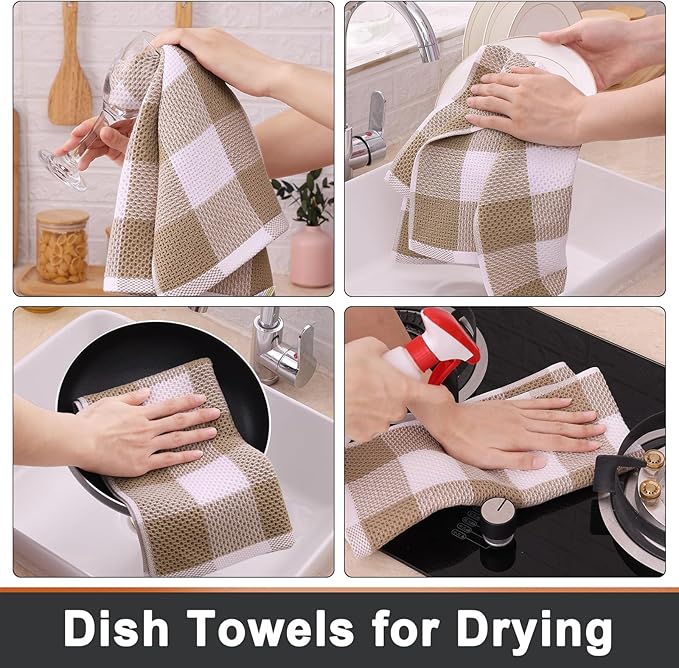 Mordimy 100% Cotton Waffle Weave Kitchen Towels, 13 x 28 Inches, Super Soft and Absorbent Buffalo Check Dish Towels for Drying Dishes, 6-Pack, Khaki & White