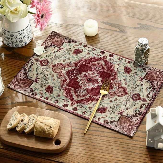 Artoid Mode Boho Bohemia Style Red Beige Placemats Set of 4, 12x18 Inch Country Rustic Farmhouse Magical Fall Table Mats for Party Kitchen Dining Decoration