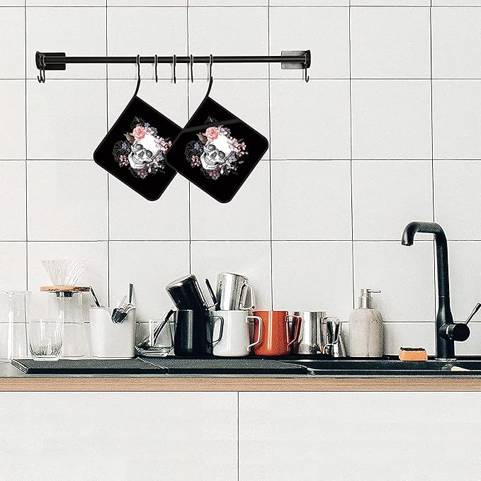 Skull with Flowers Pot Holders Set of 2 Kitchen Heat Resistant Potholder for Microwave Cooking Baking Oven End Dishes and BBQ