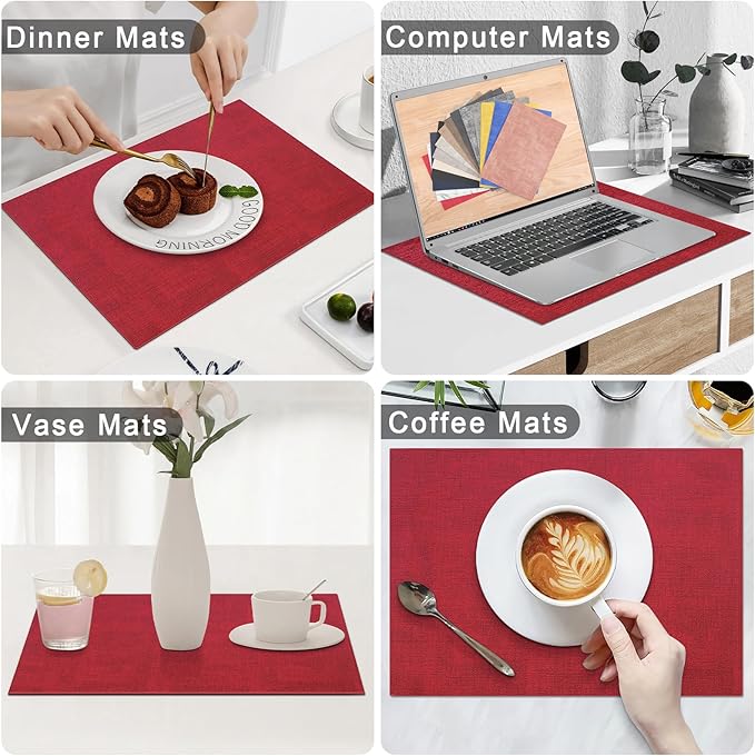 Homaxy Faux Leather Heat Resistant Placemats for Dining Table Set of 6, Waterproof Wipeable Washable PU Table Mats, Easy to Clean Anti-Slip Place Mats, 11.8" x 17", Red