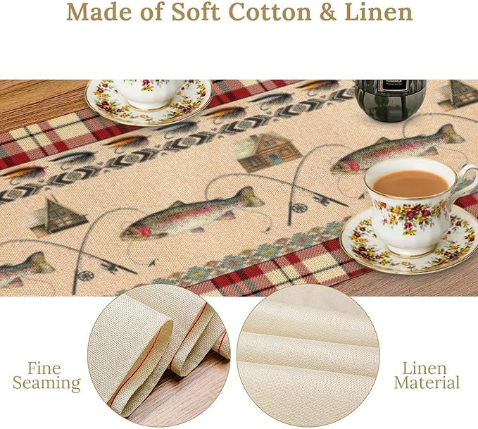 Fishing Table Runner Retro Hunting Cabin Southwestern Check Red Art Printed Runner for Home Kitchen Dining Table Living Room Decor Fabric 1 Panel W13xL60in