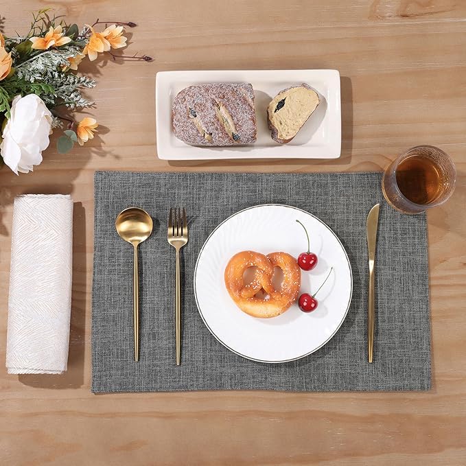 SHACOS Washable Cloth Placemats Set of 6 Fabric Place Mats Double Layered Thick Faux Linen Placemat Non Slip Reversible Table Mats Home Wedding Table Decor, Dark Grey