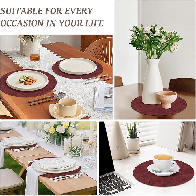 13"Round Placemats Set of 8, Reversible Faux Leather Heat Resistant Table Mats, 100% Waterproof Oilproof Wipeable Table Protective Placemats for Vinyl, Washable for Indoor & Outdoor Use (8, burgundy)