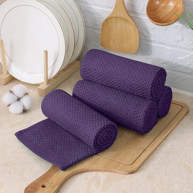 Kitinjoy 100% Cotton Kitchen Towels and Dishcloths Set, 8 Pack-13" x 28" and 12" x 12" Waffle Weave Dish Towels, Ultra Soft Absorbent Quick Drying Dish Rags, Eggplant