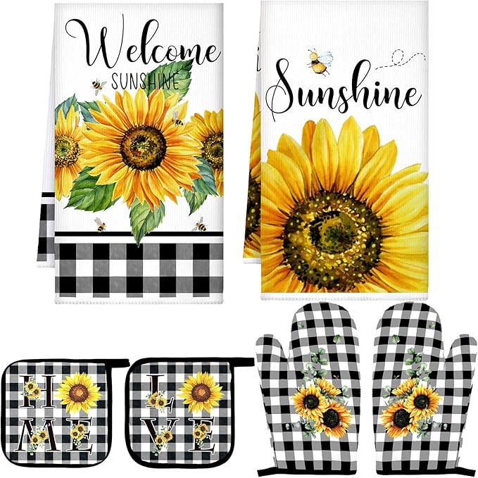 Bencailor 6 Pcs Spring Kitchen Decor Sunflower Pot Holders and Oven Mitts Sets Yellow Kitchen Towel 2 Farmhouse Cooking Mittens for Cooking Grilling Supply Accessories(Yellow,Sunflower)