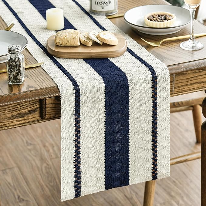 Artoid Mode Dark Blue Farmhouse Woven Rustic Table Runner, Seasonal Holiday Hollow Kitchen Dining Table Decoration for Home Party Decor 12x108 Inch