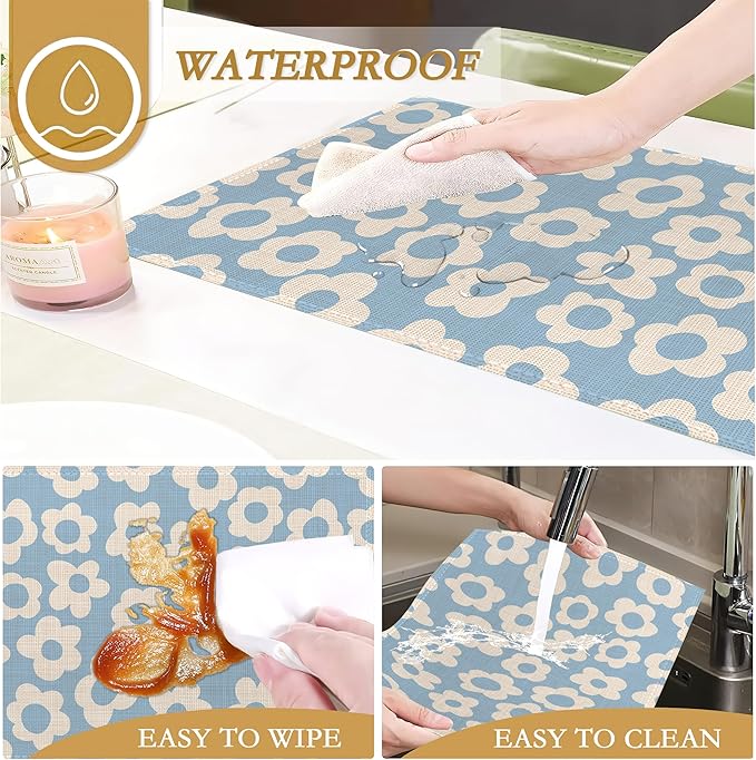 Vintage Groovy Flowers Placemats Set of 6, 12x18 Inch Waterproof Stain Resistant Linen Table Placemats Summer Seasonal Farmhouse Kitchen Party Decor Home Decor