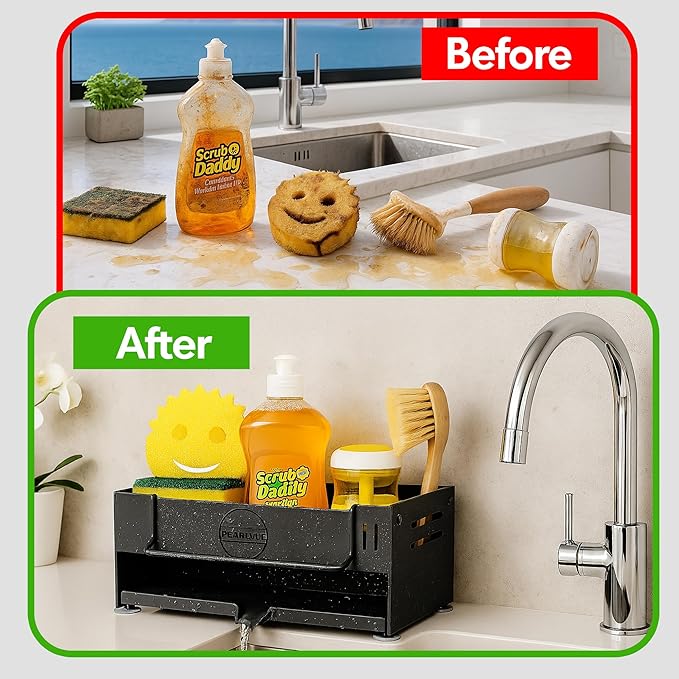 Sink Caddy Organizer - Rustproof 304 Stainless Steel Kitchen Countertop Organizers and Storage Essentials - Multi-Purpose Pull-Out Storage Organizers for Bathroom & Kitchen (black)