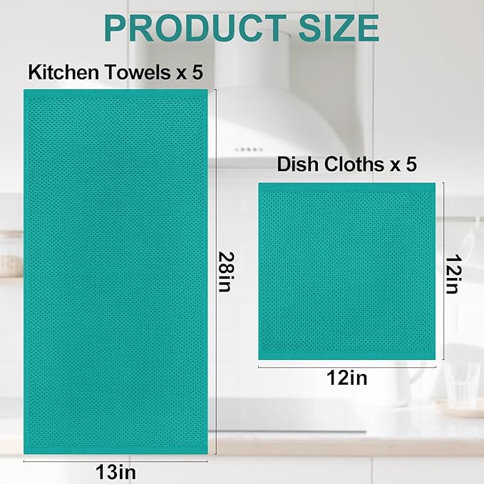 Homaxy 100% Cotton Kitchen Towels and Dishcloths Set, 12 x 12 Inches and 13 x 28 Inches, Set of 10 Bulk Kitchen Towels Set, Ultra Soft Absorbent Dish Cloths for Washing Dishes, Teal