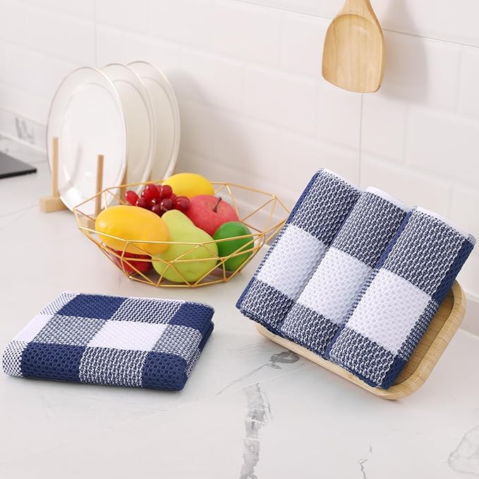 Homaxy Kitchen Towels and Dishcloths Set, 12 x 12 and 13 x 28 Inches, Set of 10 100% Cotton Waffle Weave Check Plaid Kitchen Dish Towels, Super Soft and Absorbent Dish Cloths, White & Navy Blue