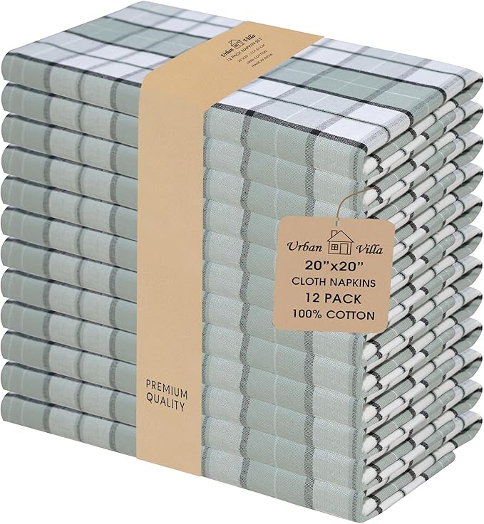 Urban Villa Cloth Napkins 100% Cotton Dinner Napkins Highly Absorbent 20x20 Inches (Set of 12) Majestic Checks Reusable Washable Soft Durable Premium Napkins Ideal for Home Wedding Parties